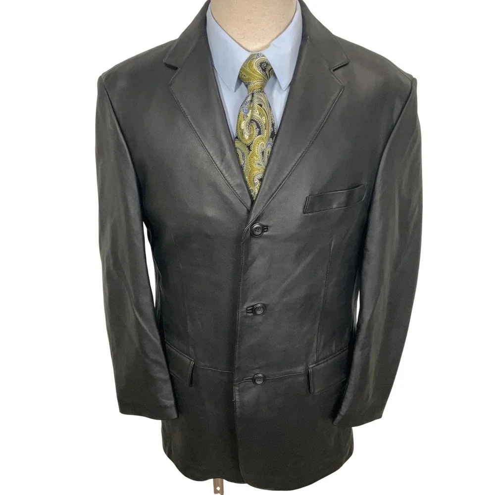 Stafford‎ Leather Blazer Mens Medium Black 3 Button Luxury Matrix Goth Jacket
